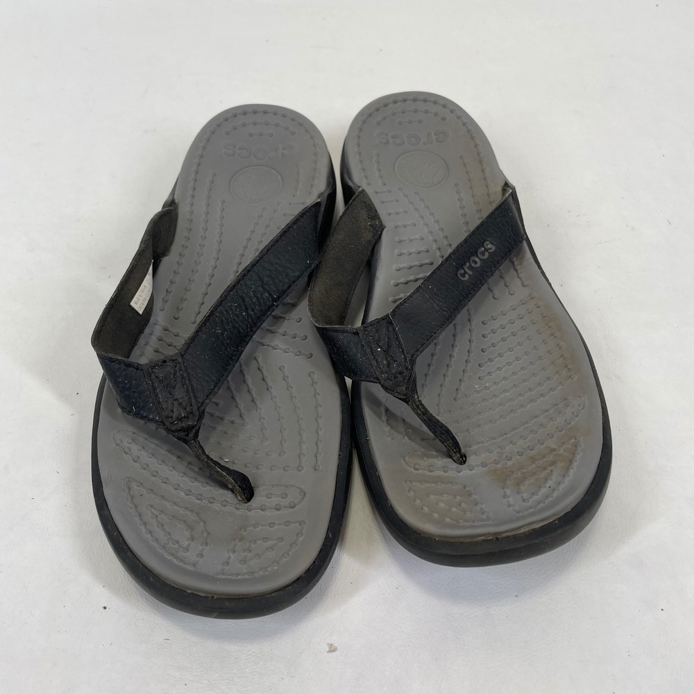 Crocs Yukon Mens Flip Flops Black Grey Leather Strap Sandals Size 9